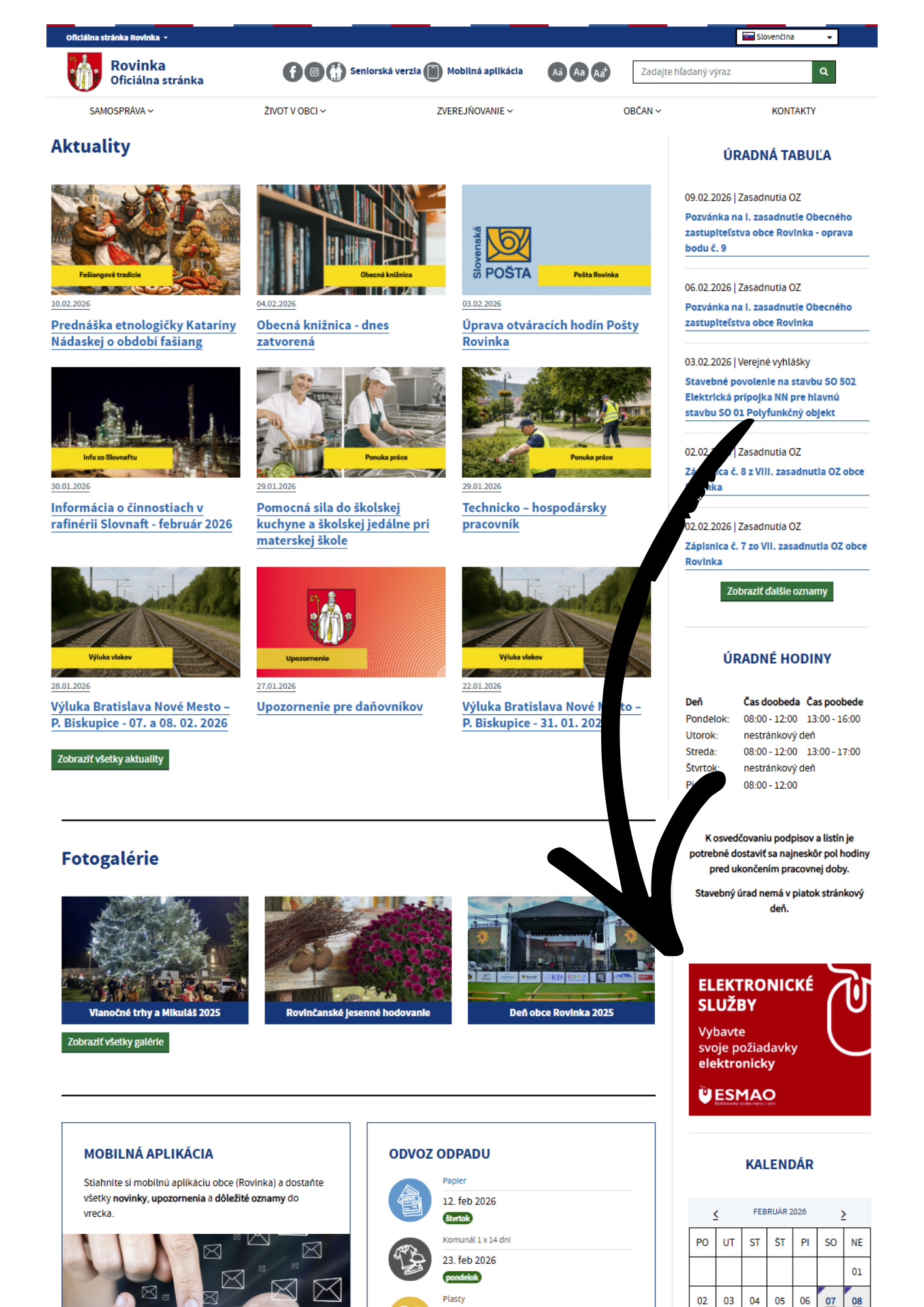 Webová stránka obce Rovinka s vyznačením umiestnenia odkazu 
