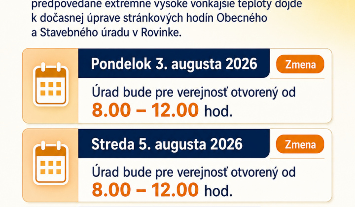 1. fotografia fotogalérie Aktuality / Zmena stránkových hodín obecného a stavebného úradu - 03. 08. a 05. 08. 2026 - foto